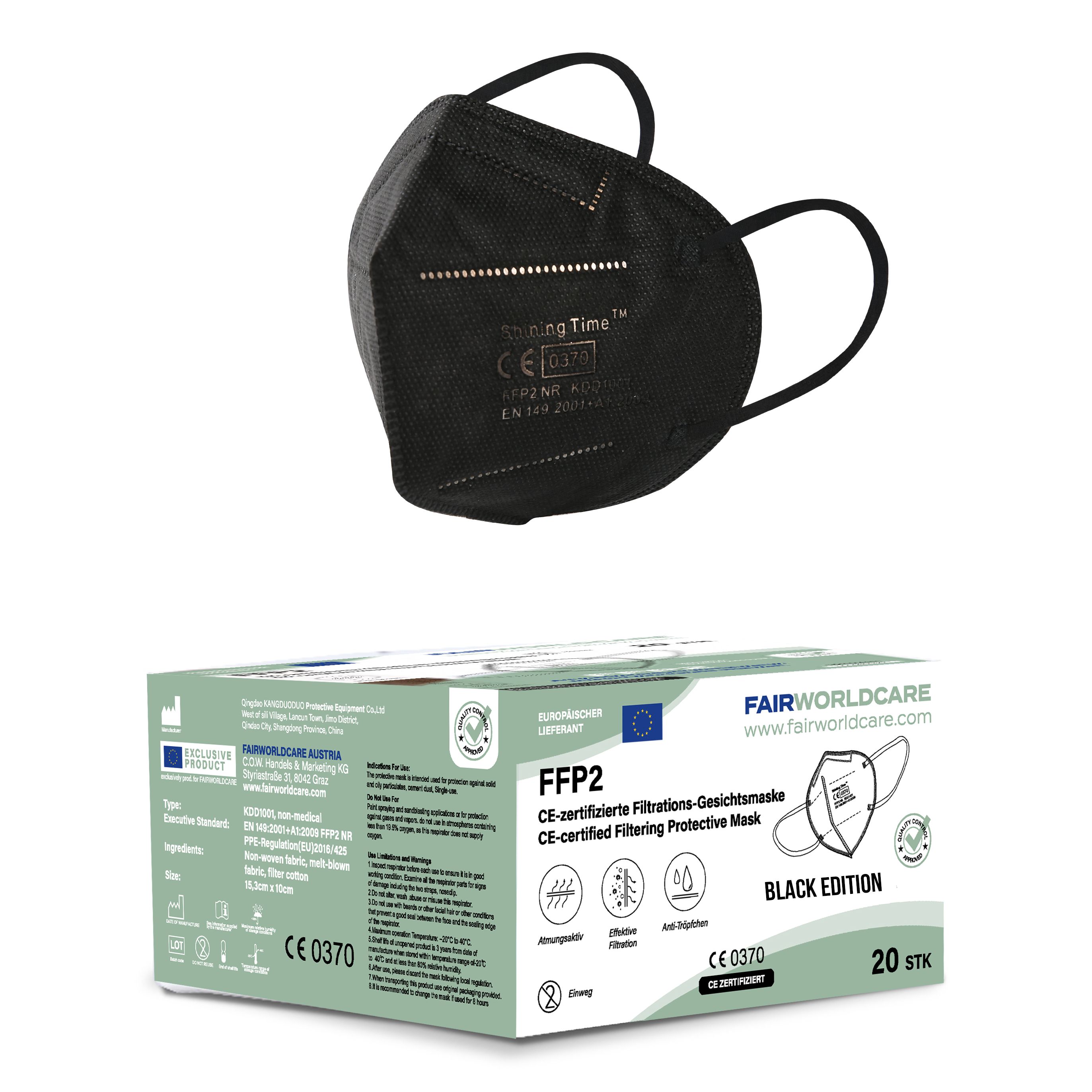 BLACK EDITION: FFP2 Atemschutzmasken, CE zertifiziert in der EU, 20 Stück Packung
